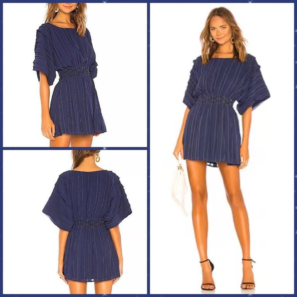 Sz L-‎ NWT Tularosa Sienna Pleated Pinstripe Grommet Waist Flare Slv Mini Dress